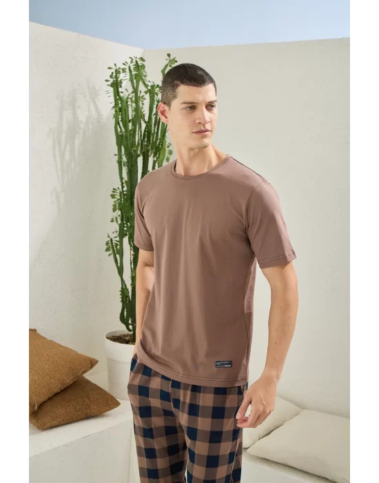 KLY Kısa Kollu Altı Kareli Capucina Rengi Yazlık Erkek Pijama Takımı