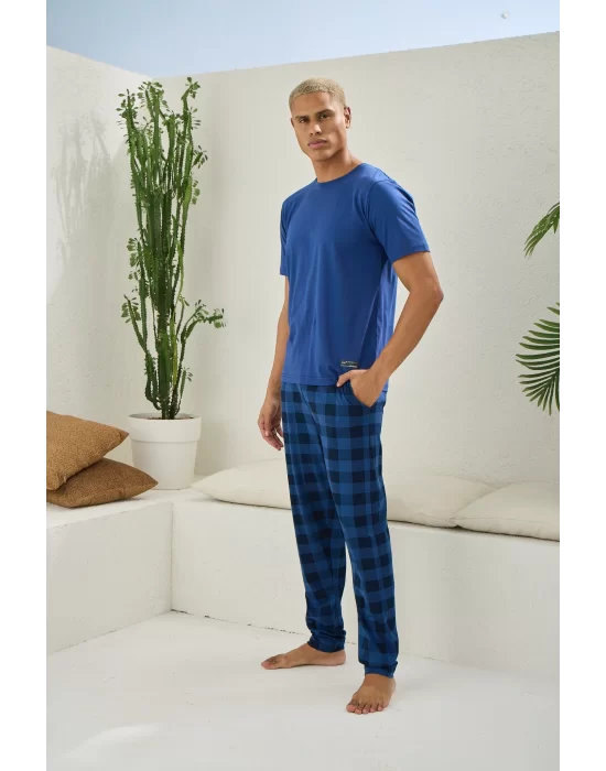 KLY Kısa Kollu Altı Kareli Capucina Rengi Yazlık Erkek Pijama Takımı