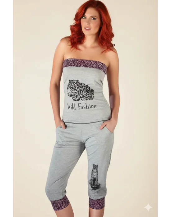 Leopar Desenli Straplez Takım