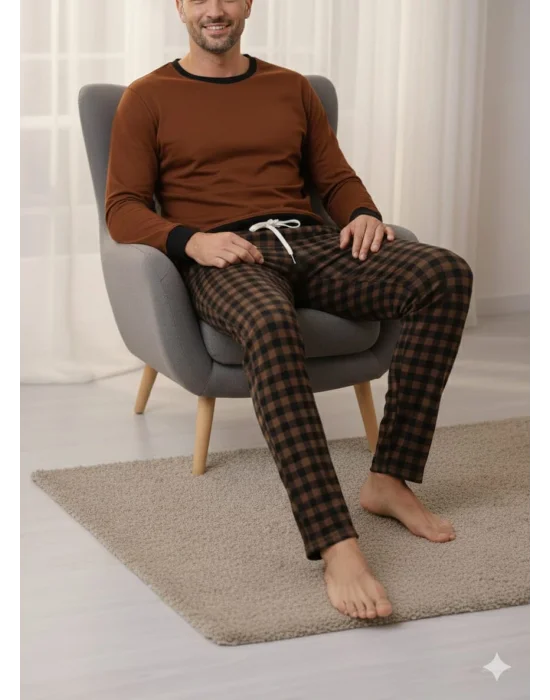 Pijalüx Tek Alt Ekose Kalın Poplin Kışlık Ev Pantalonu