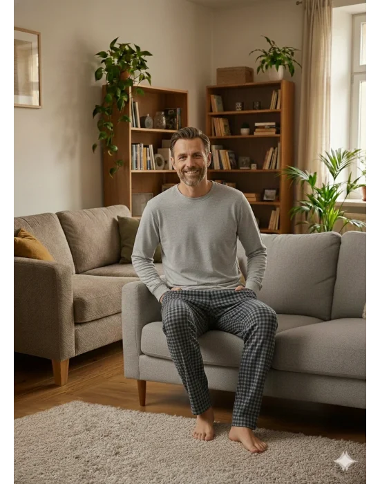 Pijalüx Tek Alt Örme Ekose Ev Pantolonu