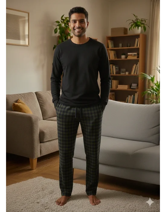 Pijalüx Tek Alt Örme Ekose Ev Pantolonu