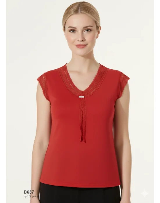 Şahinler Dantelli Taşlı Yarım Kol Bluz B637