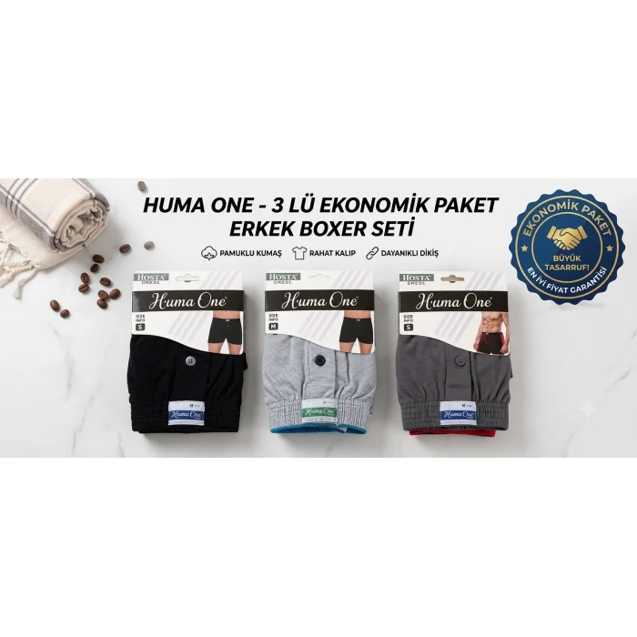 Huma One Erkek Havlu Bel Düz Boxer 3 lü