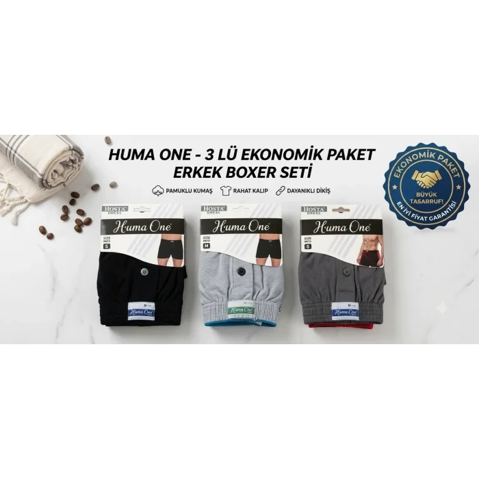 Huma One Erkek Havlu Bel Düz Boxer 3 lü
