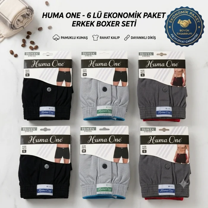 Huma One Erkek Havlu Bel Düz Boxer 6 lı