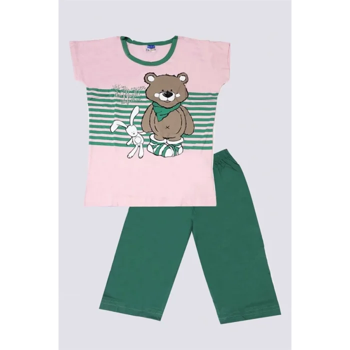 Girls Teddy Bear Patterned Top and Bottom Pajama Set