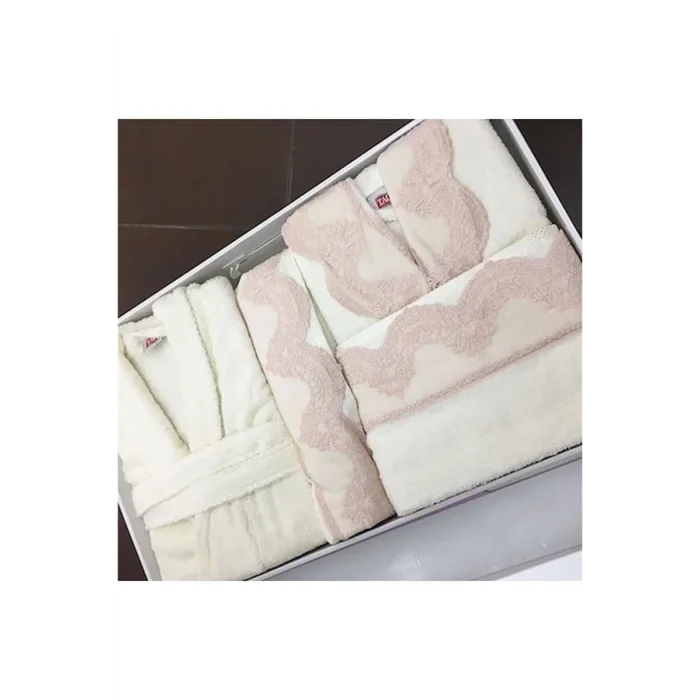 Crown Alcanlar Lace Patterned Family Size Bathrobe Set Lilac and Gray Color
