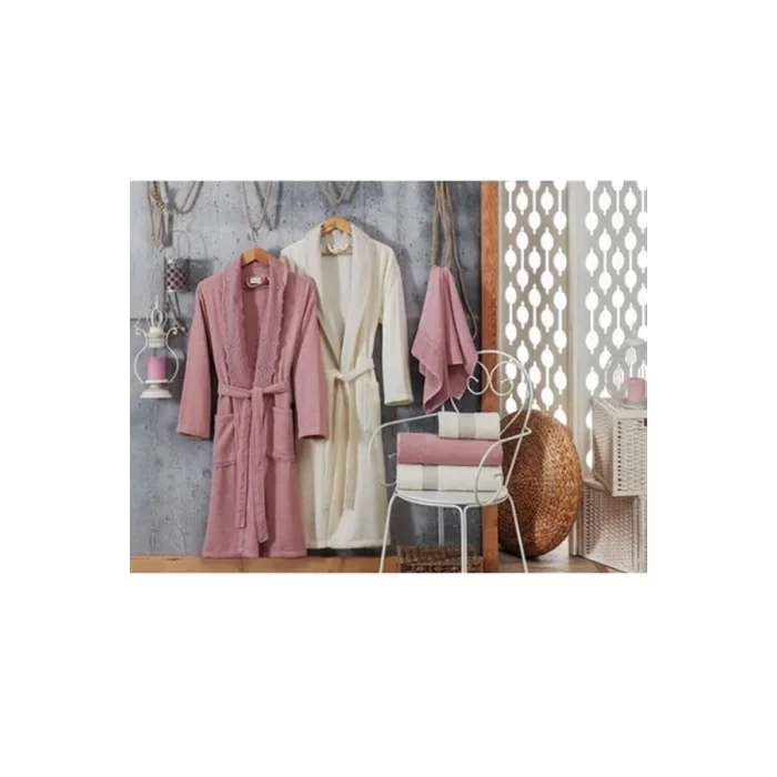 Crown Alcanlar Lace Patterned Family Size Bathrobe Set Lilac and Gray Color