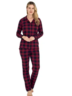 KLY Kadın Kareli Önden Düğmeli Mürdüm Kışlık Pijama 9205