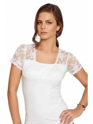 Berrak Kadın için Omuzları Dantelli Transparan Kısa Kollu T-Shirt 2184
