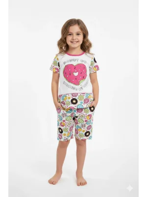 Kız Çocuk Donut Desenli Renkli Pijama Takımı