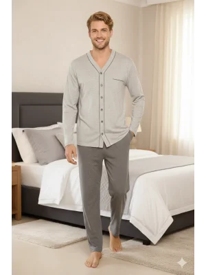 KLY V Yaka Boydan Düğmeli Battal Boy Erkek Pijama Takımı 9267 % 100 Pamuk