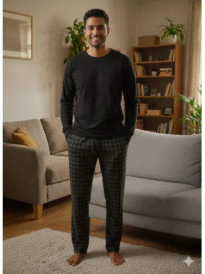 Pijalüx Tek Alt Örme Ekose Ev Pantolonu