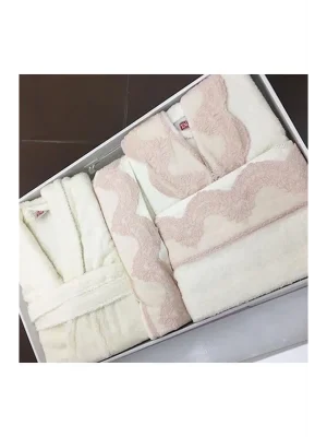 Taç Alcanlar Dantel Desenli Aile Boyu Bornoz Seti Lila ve Gri Renk