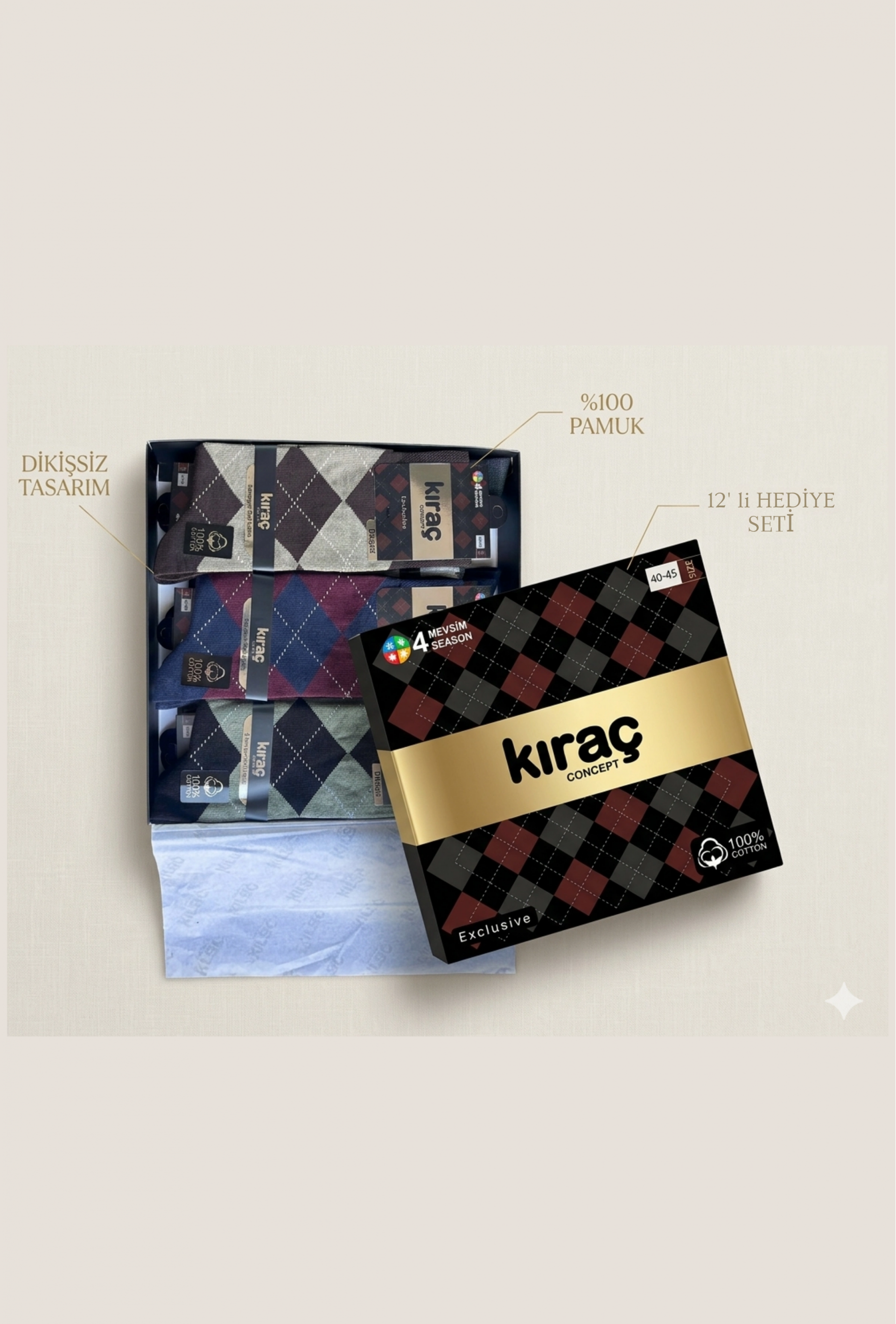 Kıraç Concept Exclusive Ekose Desenli Pamuklu Burun Dikişsiz Erkek Çorap Bileği Sıkmayan Lastik 12 Adet
