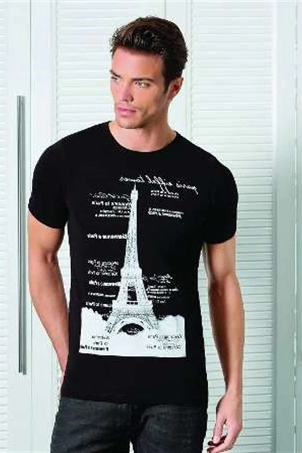 Berrak Kule Baskılı Erkek T-Shirt 1043 Siyah XL