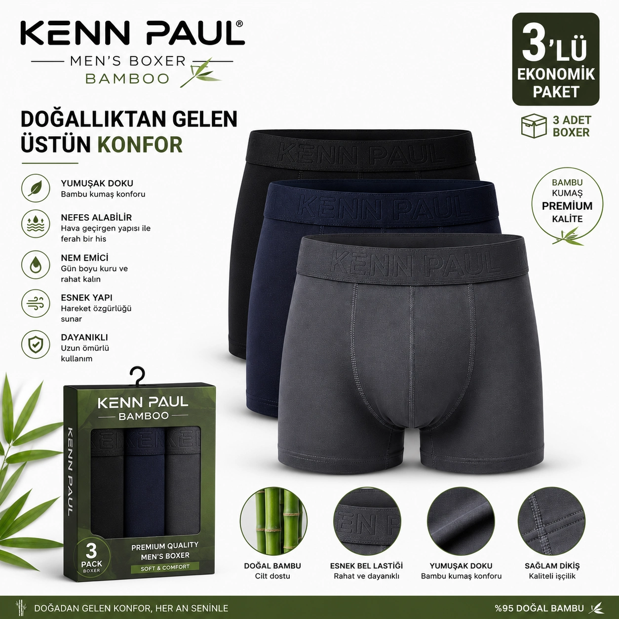Kenn Paul Bambu Erkek BOXER  3 ADET