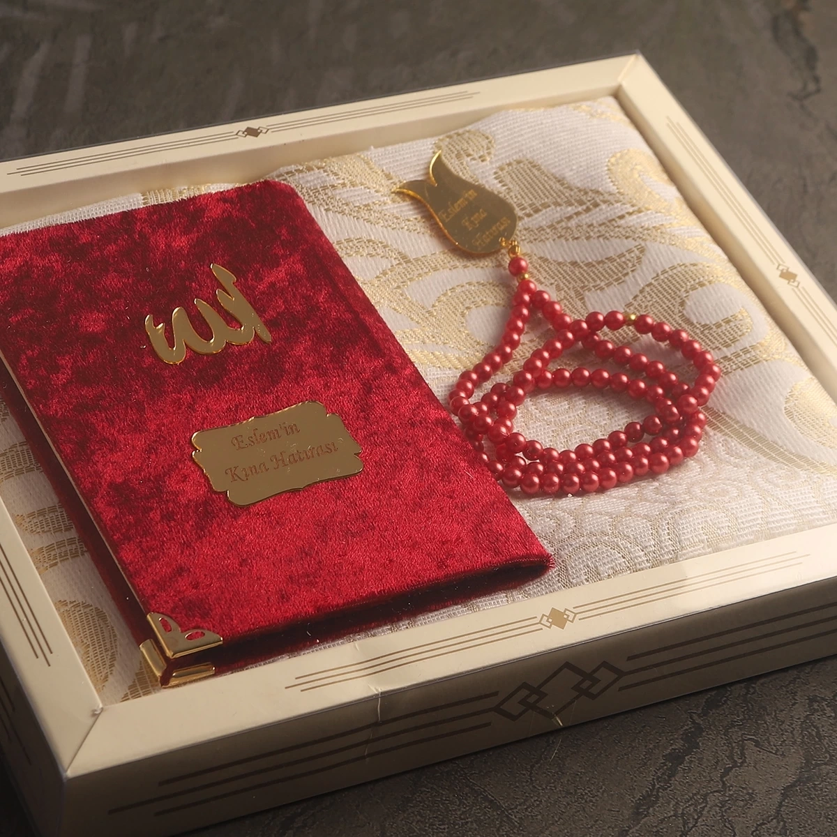 64 Sayfa Bordo Kadife Yasin + İnci Tesbih + Kutulu Seccade