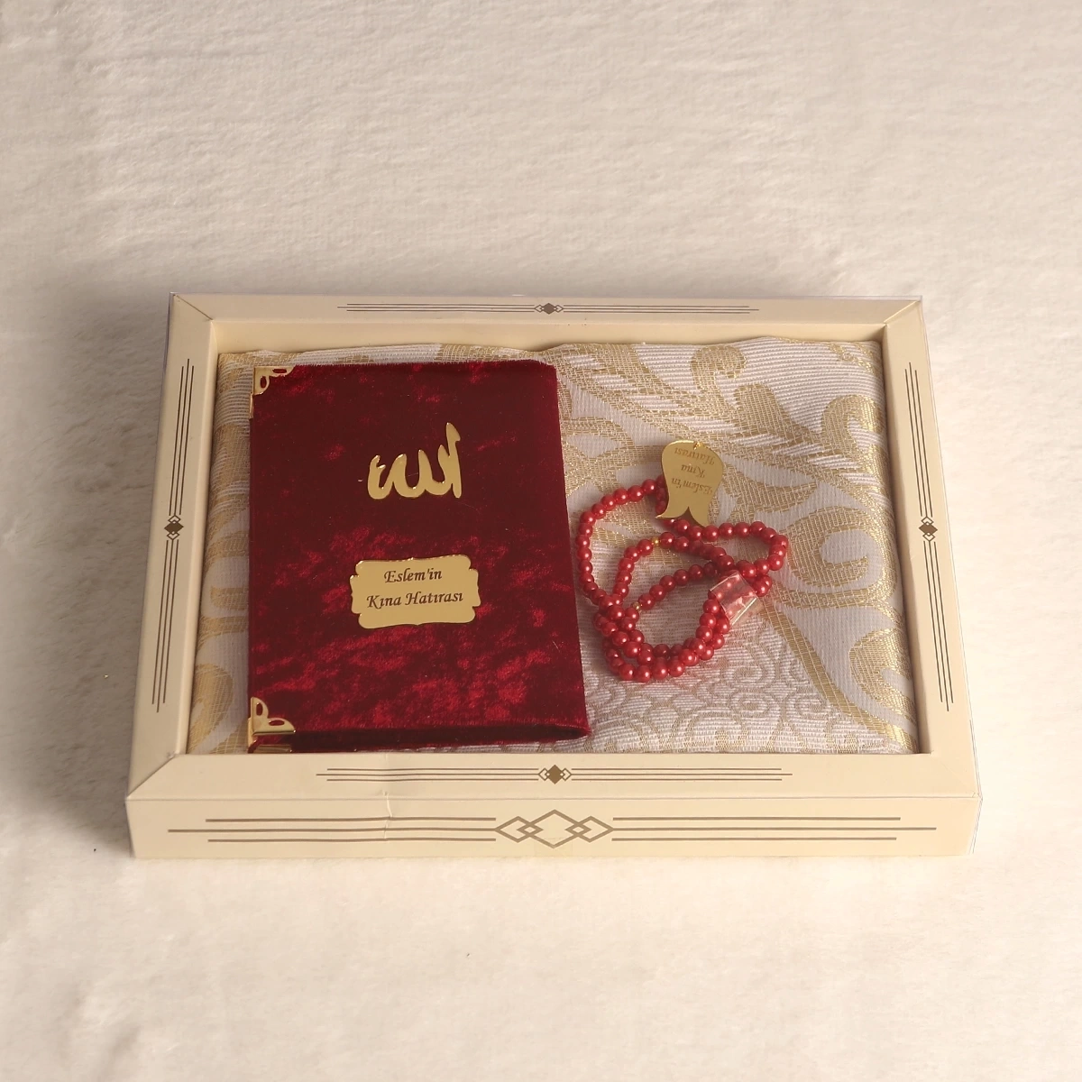 64 Sayfa Bordo Kadife Yasin + İnci Tesbih + Kutulu Seccade