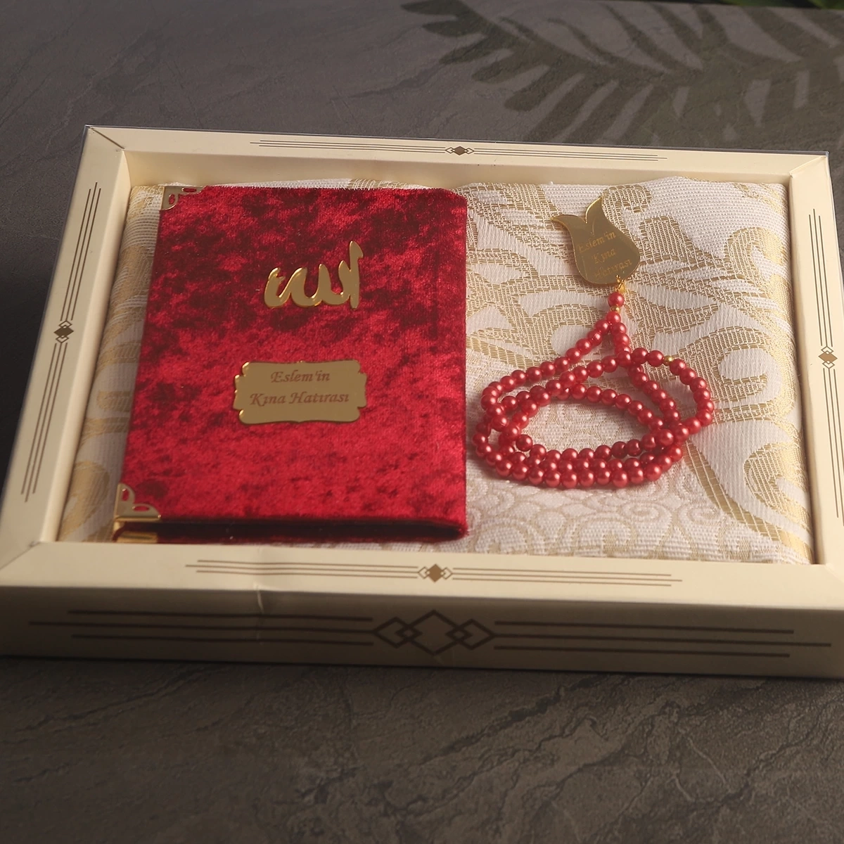 64 Sayfa Bordo Kadife Yasin + İnci Tesbih + Kutulu Seccade