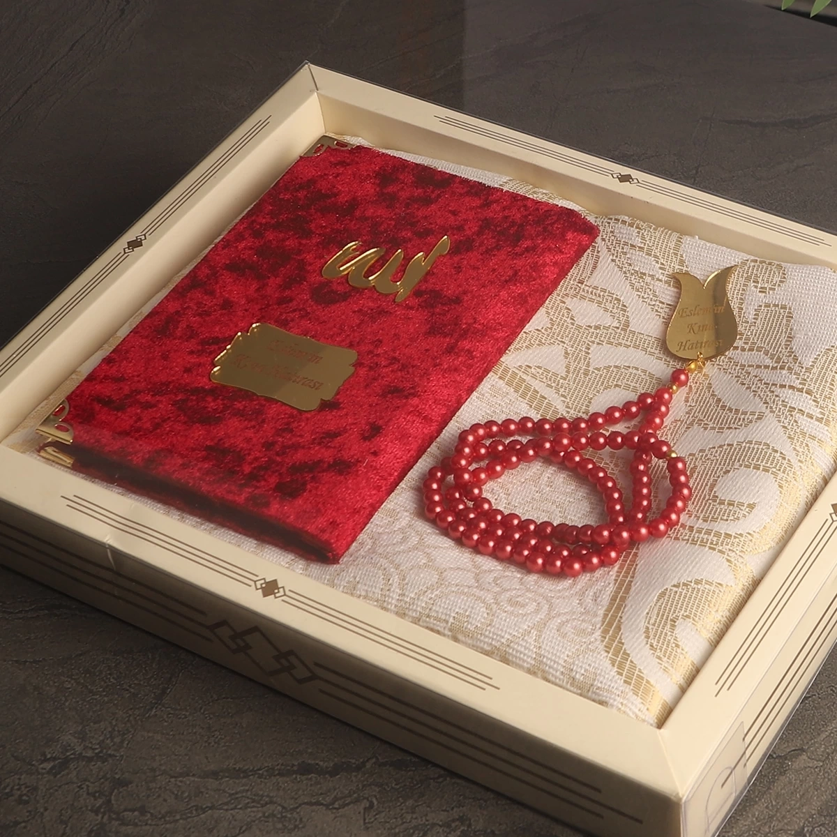 64 Sayfa Bordo Kadife Yasin + İnci Tesbih + Kutulu Seccade