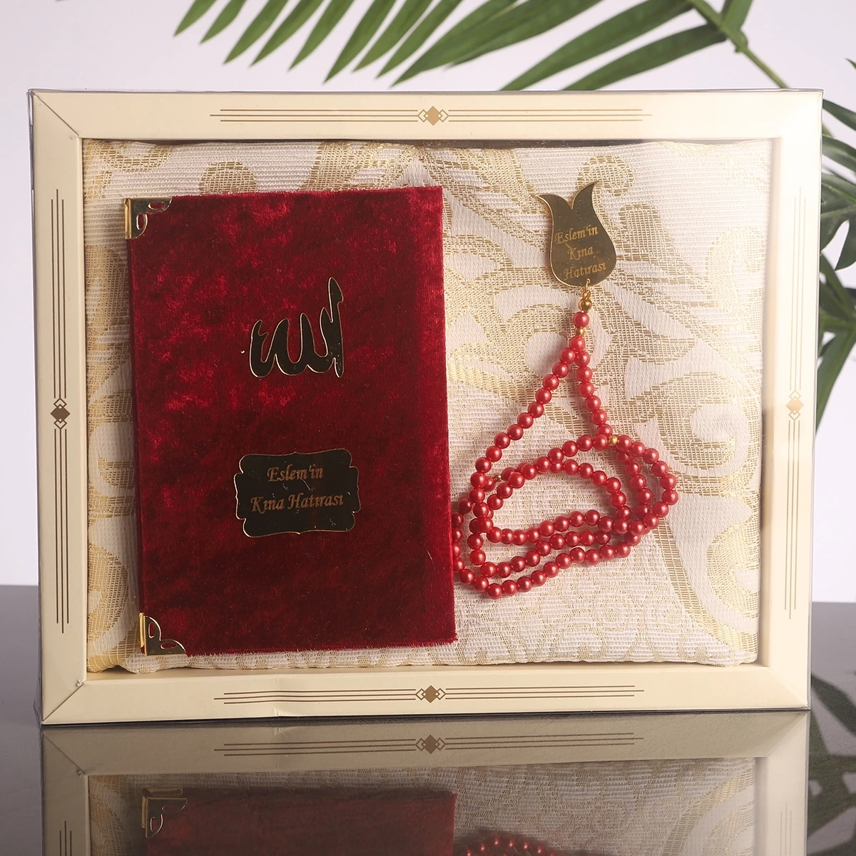 64 Sayfa Bordo Kadife Yasin + İnci Tesbih + Kutulu Seccade