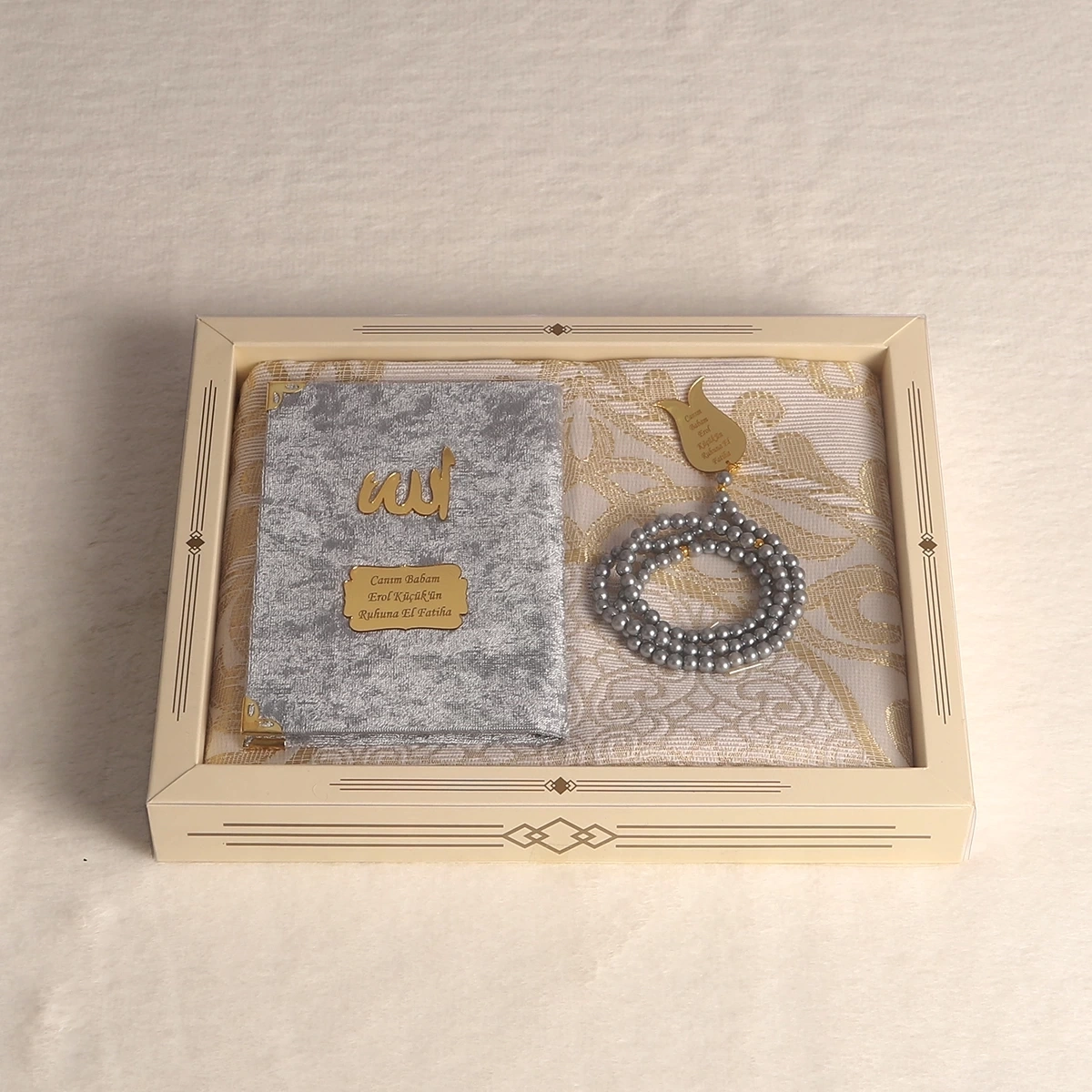 64 Sayfa Gri Kadife Yasin + İnci Tesbih + Kutulu Seccade