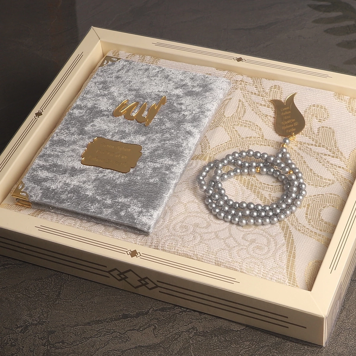 64 Sayfa Gri Kadife Yasin + İnci Tesbih + Kutulu Seccade