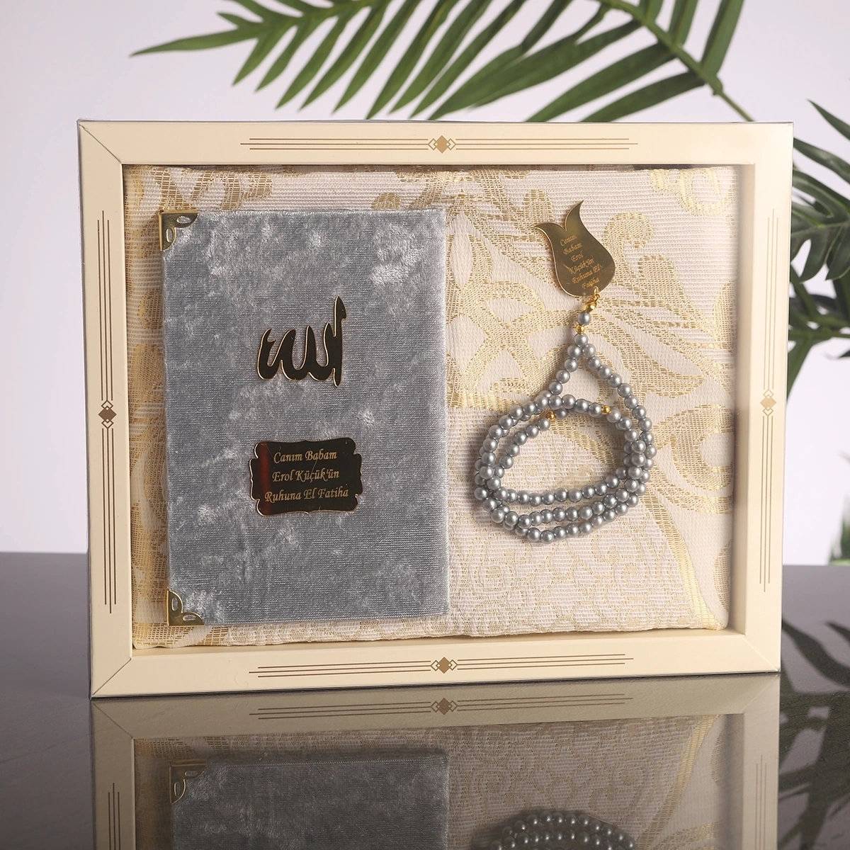 64 Sayfa Gri Kadife Yasin + İnci Tesbih + Kutulu Seccade
