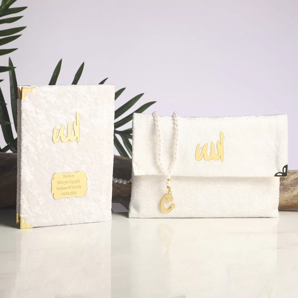 64 Sayfa Krem Çanta ve İnci Tesbihli Kadife Yasin