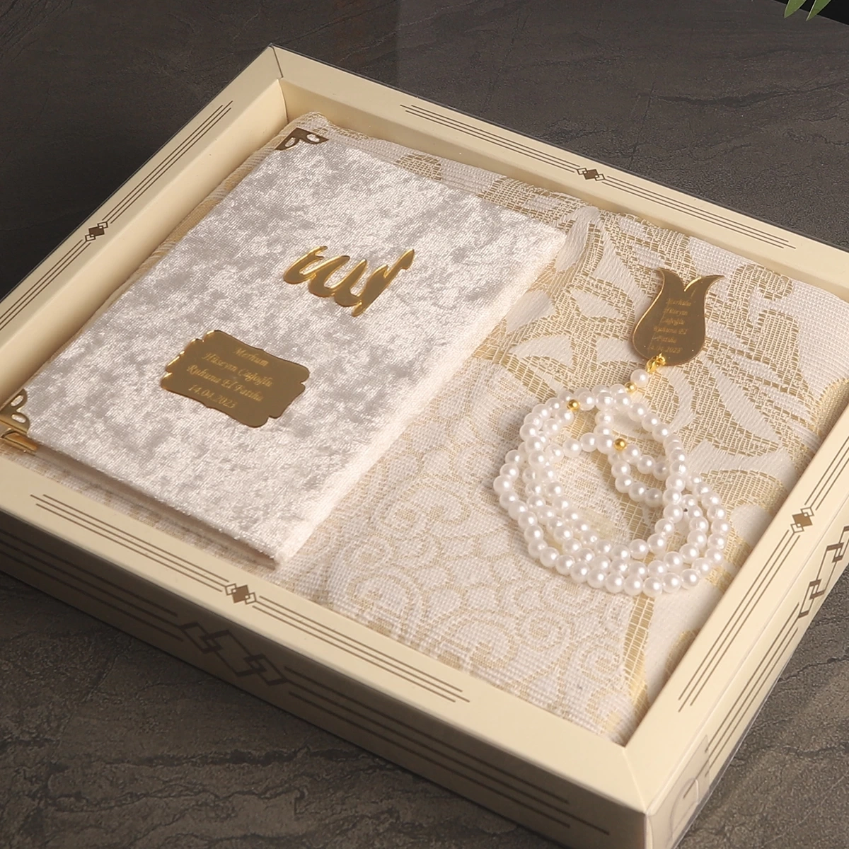 64 Sayfa Krem Kadife Yasin + İnci Tesbih + Kutulu Seccade