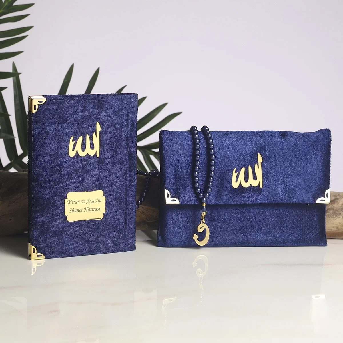 64 Sayfa Lacivert Çanta ve İnci Tesbihli Kadife Yasin