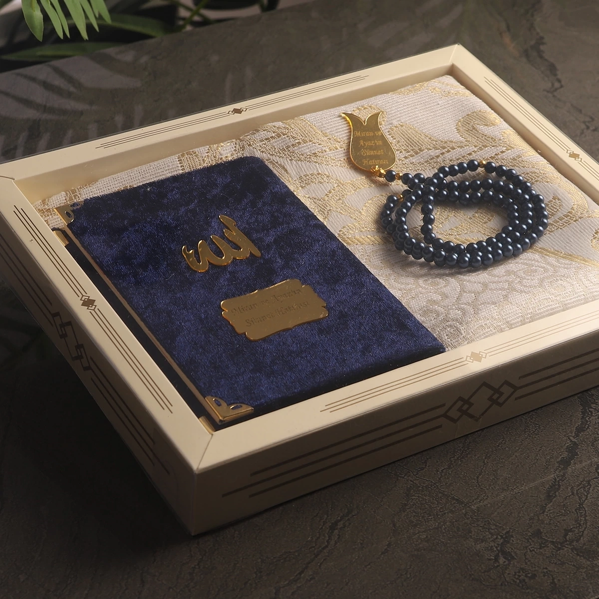 64 Sayfa Lacivert Kadife Yasin + İnci Tesbih + Kutulu Seccade