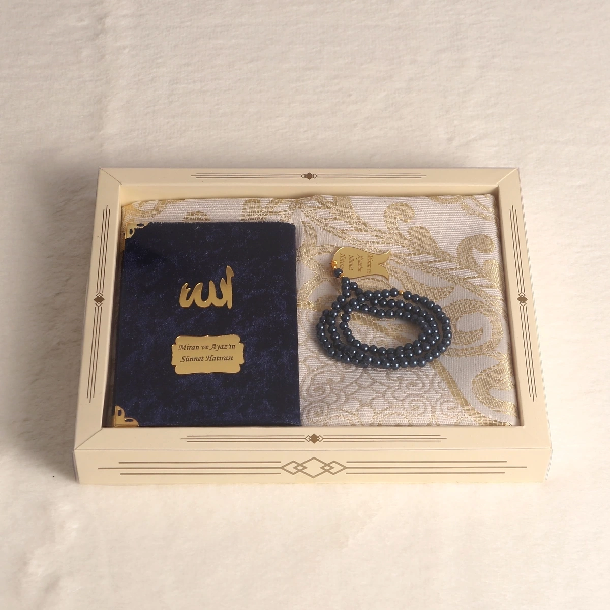 64 Sayfa Lacivert Kadife Yasin + İnci Tesbih + Kutulu Seccade