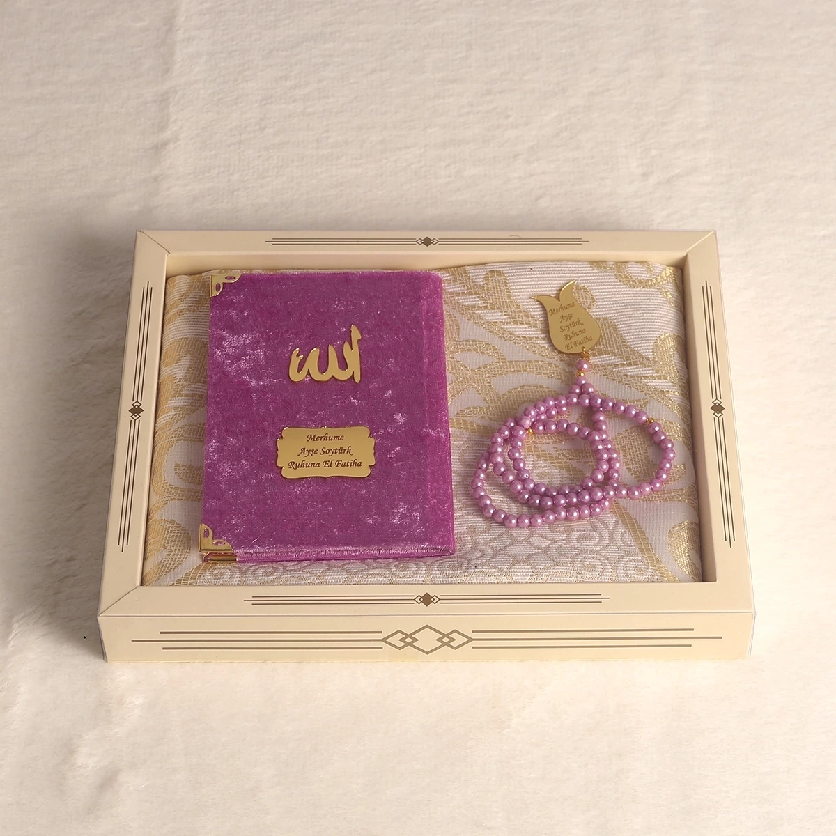 64 Sayfa Lila Kadife Yasin + İnci Tesbih + Kutulu Seccade