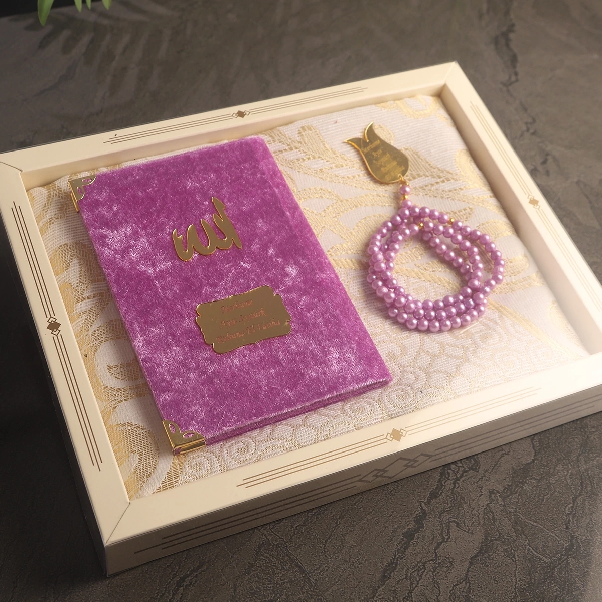 64 Sayfa Lila Kadife Yasin + İnci Tesbih + Kutulu Seccade