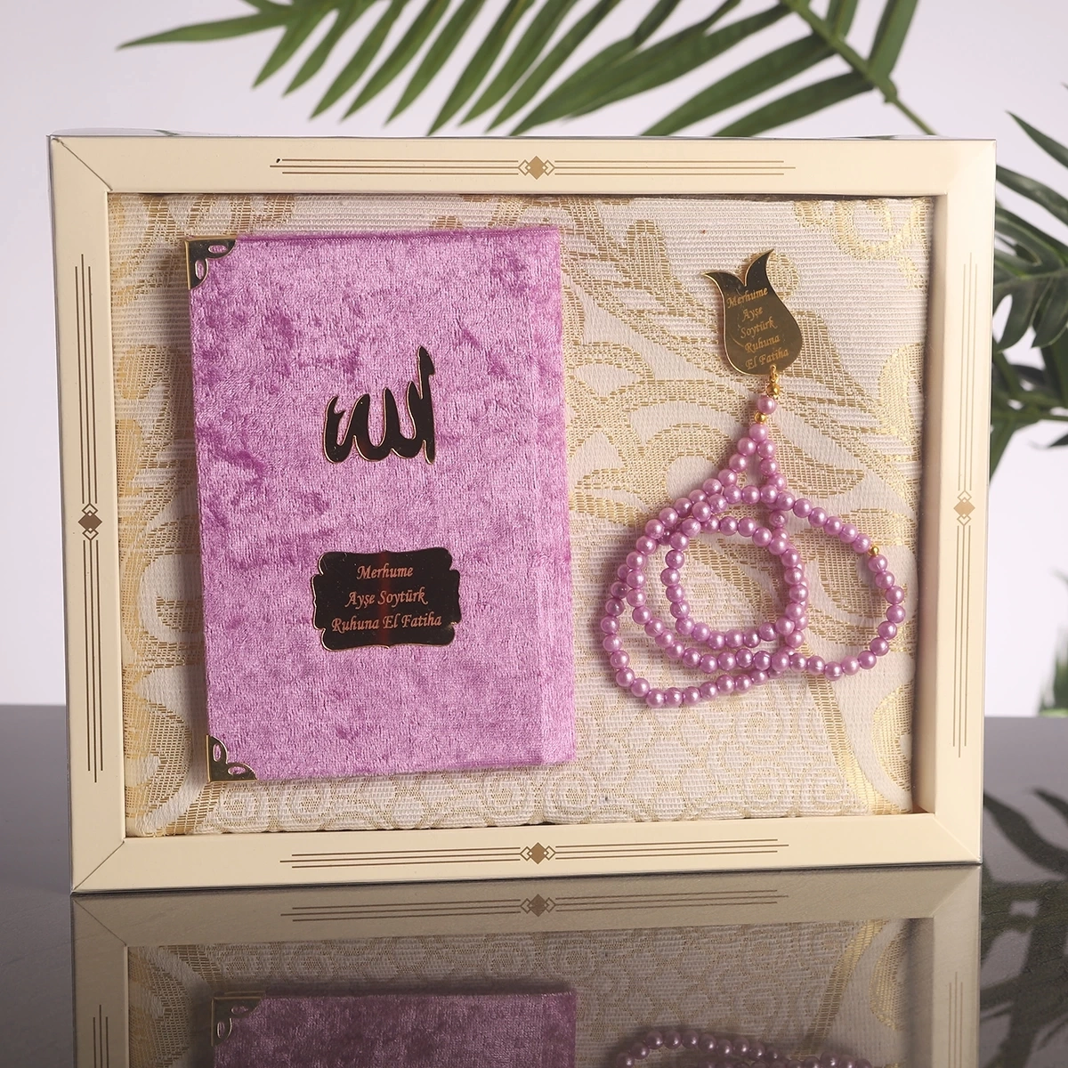 64 Sayfa Lila Kadife Yasin + İnci Tesbih + Kutulu Seccade