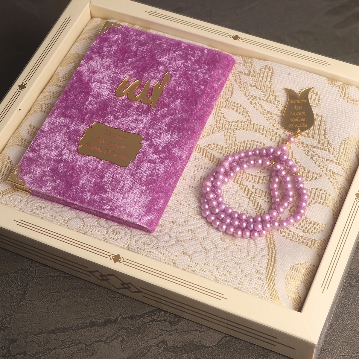 64 Sayfa Lila Kadife Yasin + İnci Tesbih + Kutulu Seccade