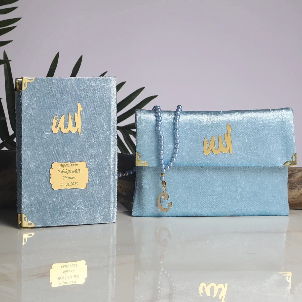 64 Sayfa Mavi Çanta ve İnci Tesbihli Kadife Yasin