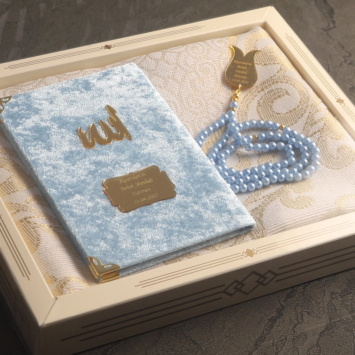 64 Sayfa Mavi Kadife Yasin + İnci Tesbih + Kutulu Seccade