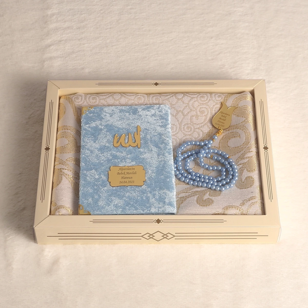 64 Sayfa Mavi Kadife Yasin + İnci Tesbih + Kutulu Seccade