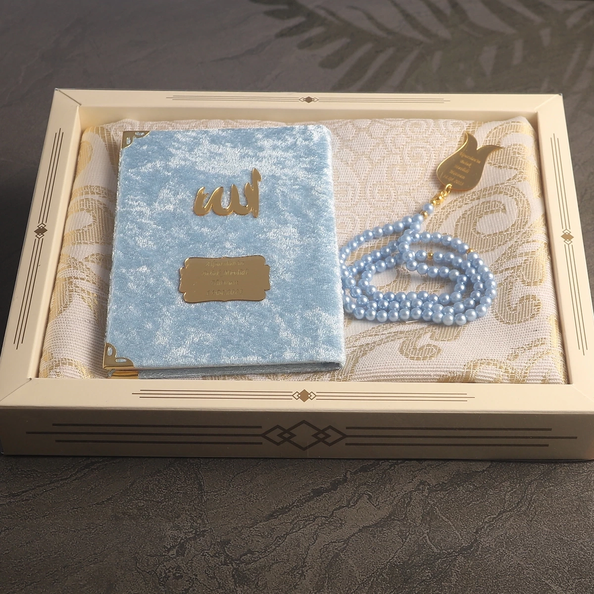 64 Sayfa Mavi Kadife Yasin + İnci Tesbih + Kutulu Seccade