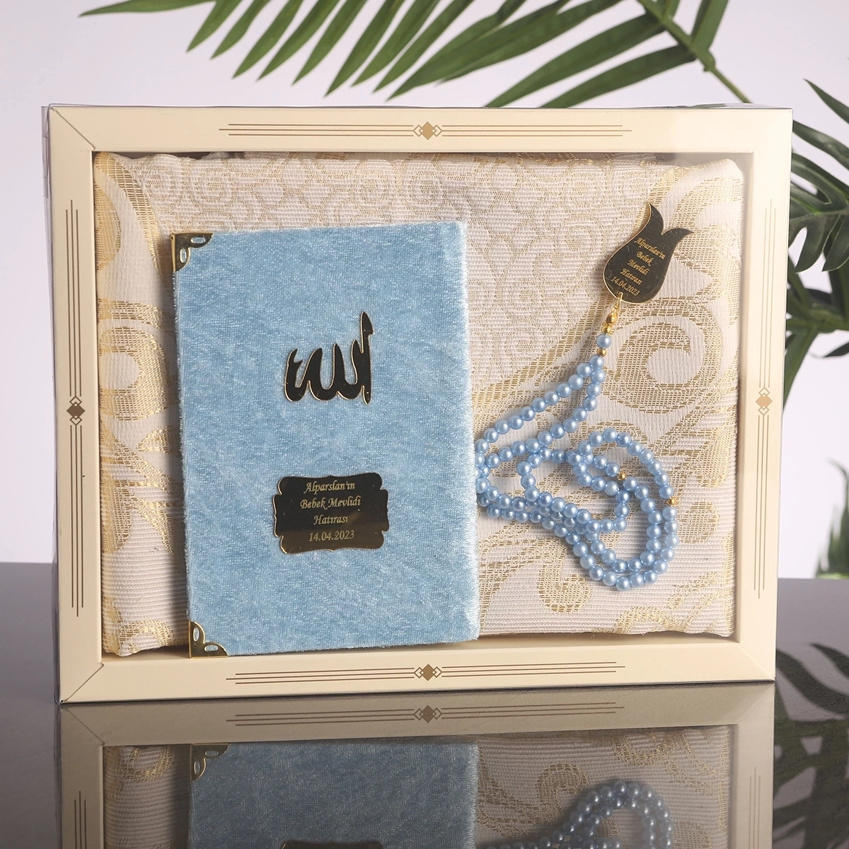 64 Sayfa Mavi Kadife Yasin + İnci Tesbih + Kutulu Seccade