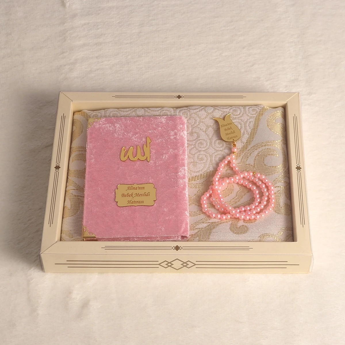 64 Sayfa Pembe Kadife Yasin + İnci Tesbih + Kutulu Seccade