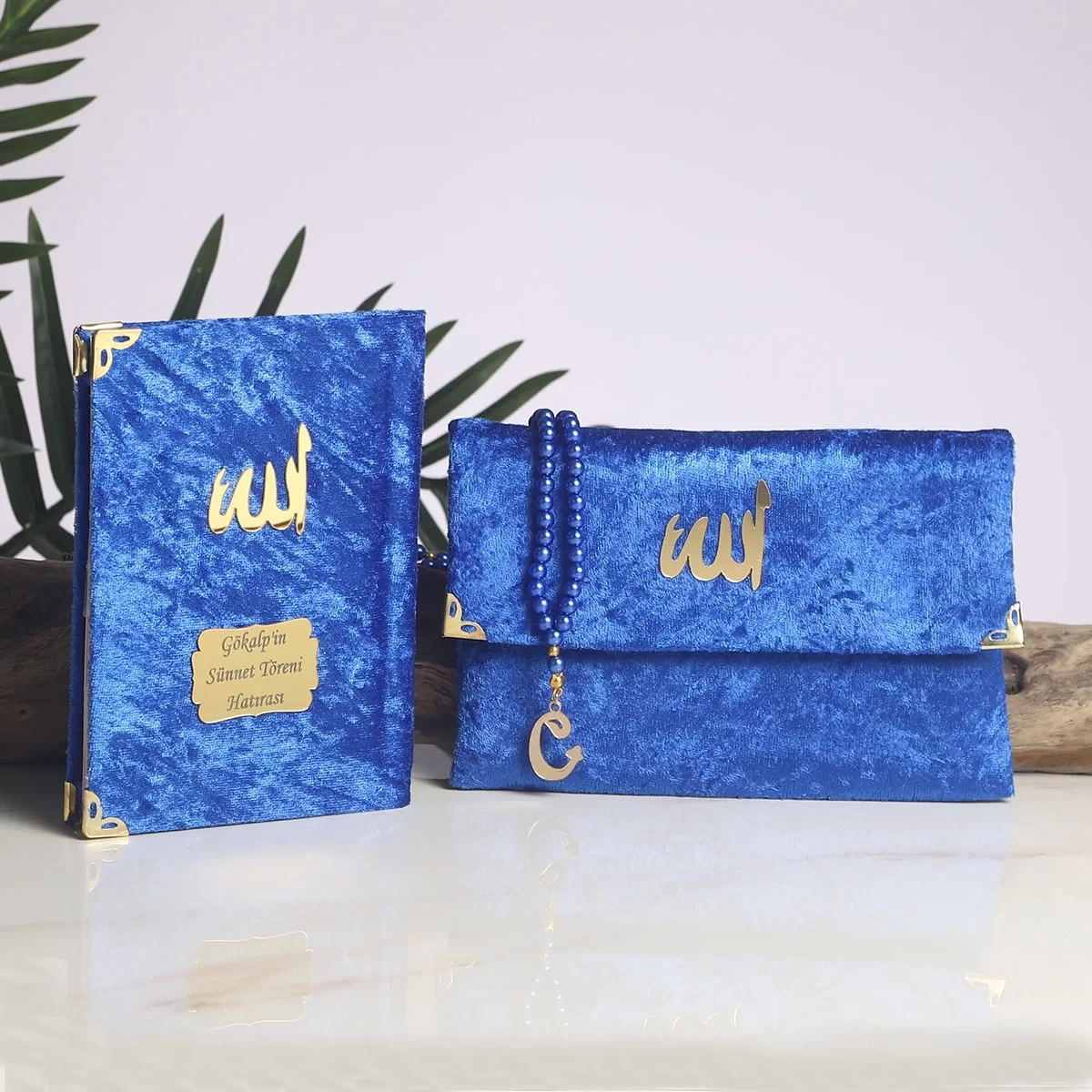 64 Sayfa Saks Mavisi Çanta ve İnci Tesbihli Kadife Yasin