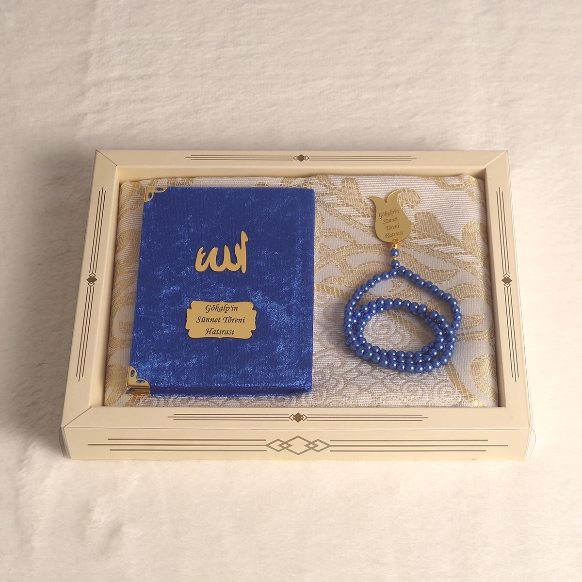 64 Sayfa Saks Mavisi Kadife Yasin + İnci Tesbih + Kutulu Seccade