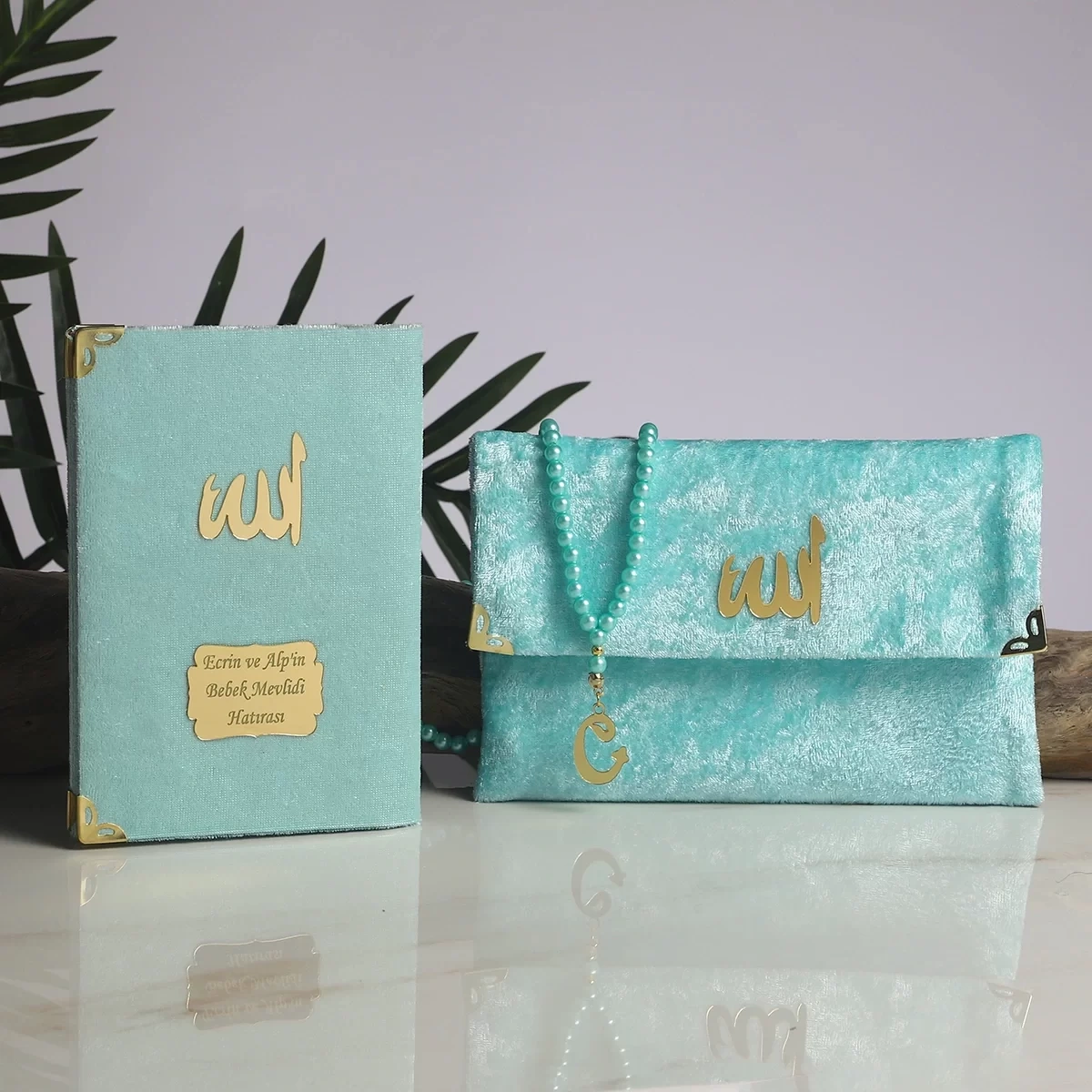 64 Sayfa Su Yeşili Çanta ve İnci Tesbihli Kadife Yasin