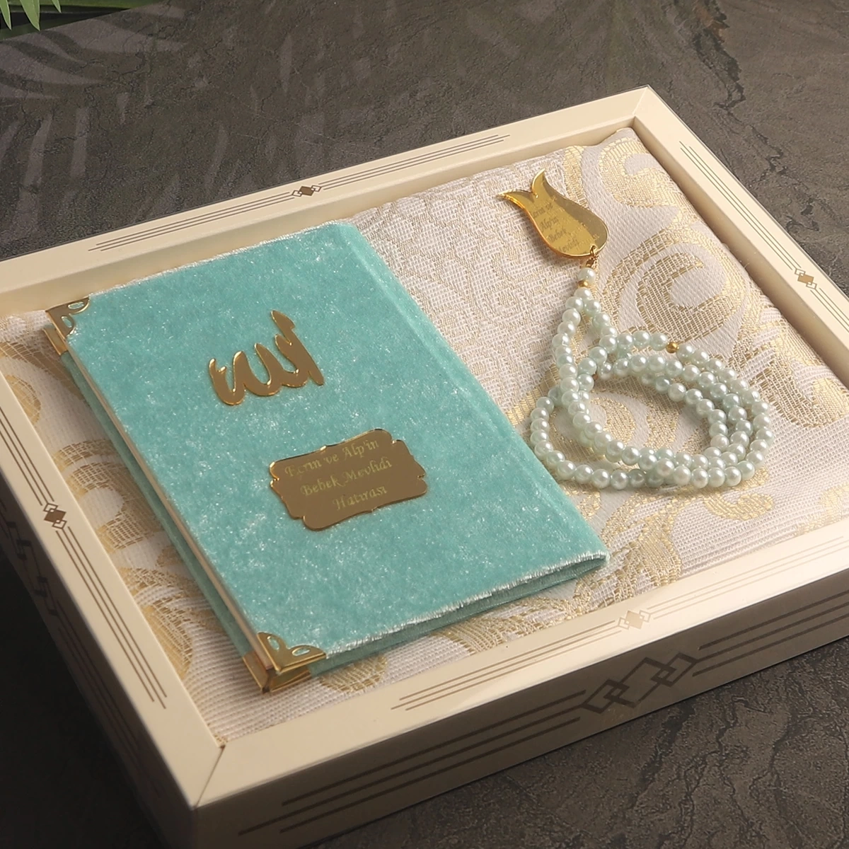 64 Sayfa Su Yeşili Kadife Yasin + İnci Tesbih + Kutulu Seccade