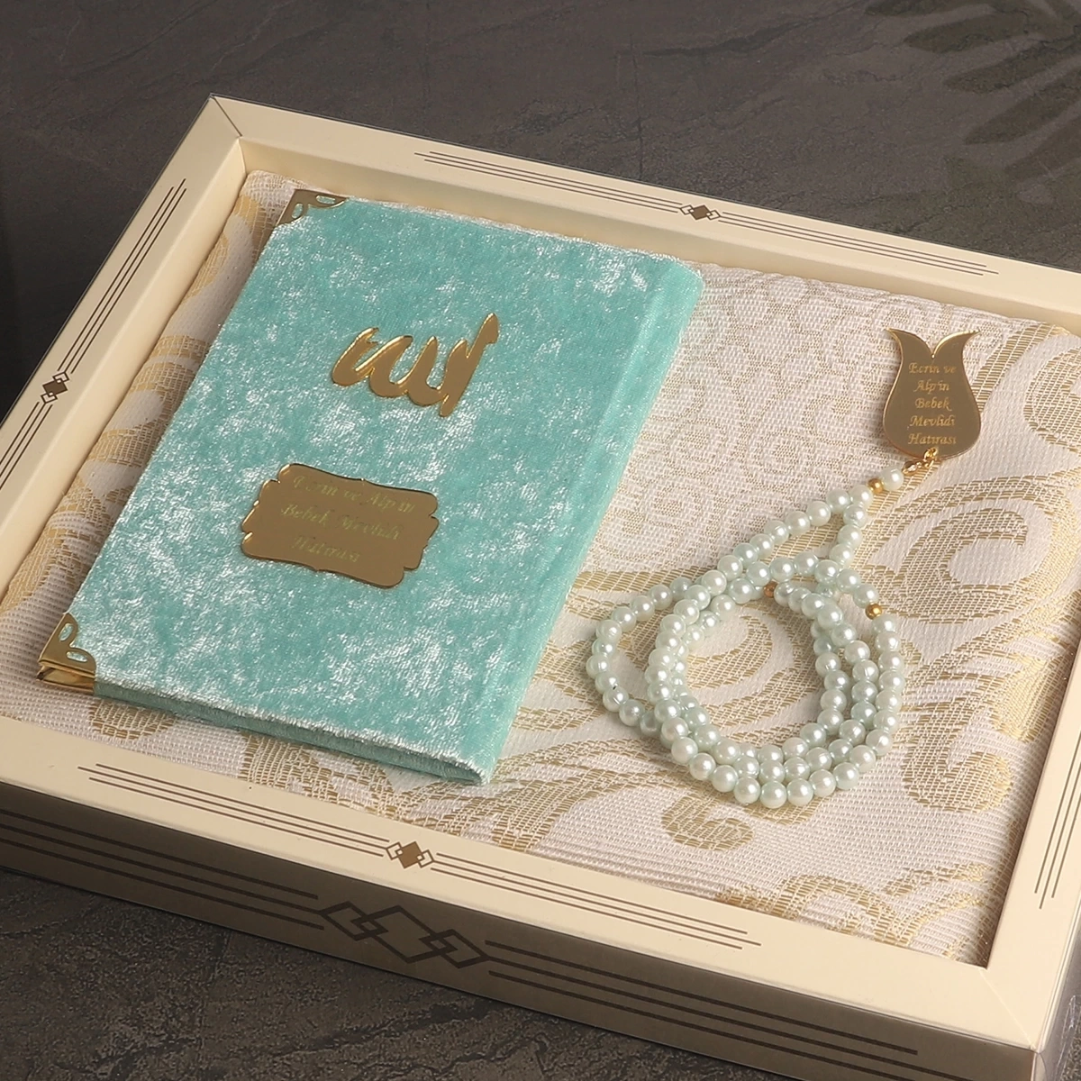 64 Sayfa Su Yeşili Kadife Yasin + İnci Tesbih + Kutulu Seccade